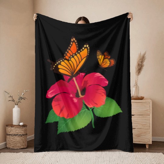 Hibiscus Flower and Monarch Butterfly Nature Throw Blankets