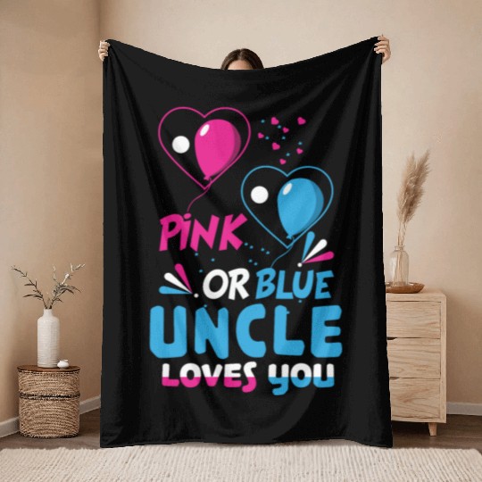 Baby Pink Blue Uncle Loves You Gender Reveal Throw Blankets