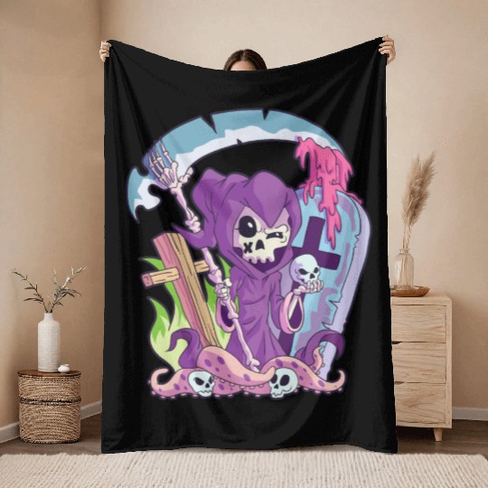 Kawaii Death Grim Reaper Pastel Goth Creepy Occult Throw Blankets
