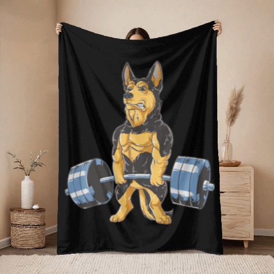 German Shepherd Working Out Funny Doberman gym Throw Blankets