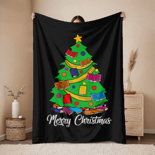 Merry Christmas Tree Love Reading Books Librarian Throw Blankets