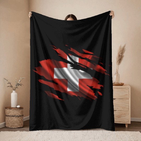 Switzerland Ripped Flag Throw Blankets