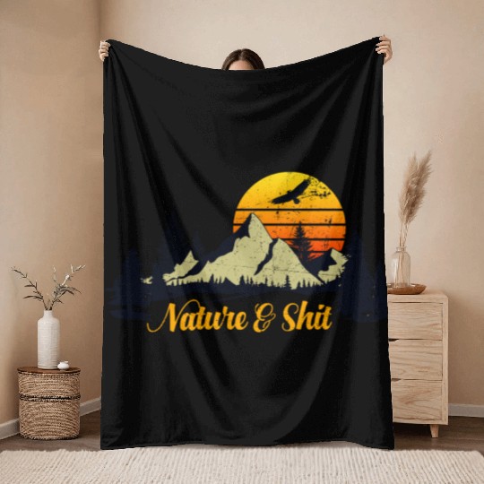 Nature And Shit Camping Mountain Retro Sunset Throw Blankets