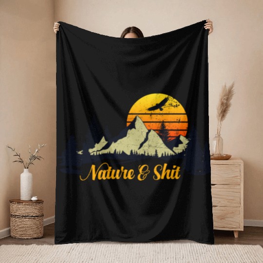 Nature And Shit Camping Mountain Retro Sunset Throw Blankets