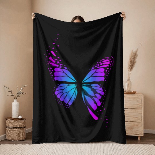 Bright neon butterfly Throw Blankets