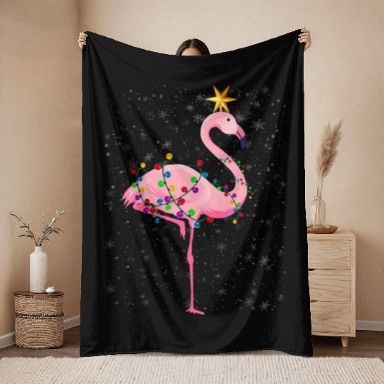 Flamingo Christmas Tree Lights Xmas Gift Throw Blankets