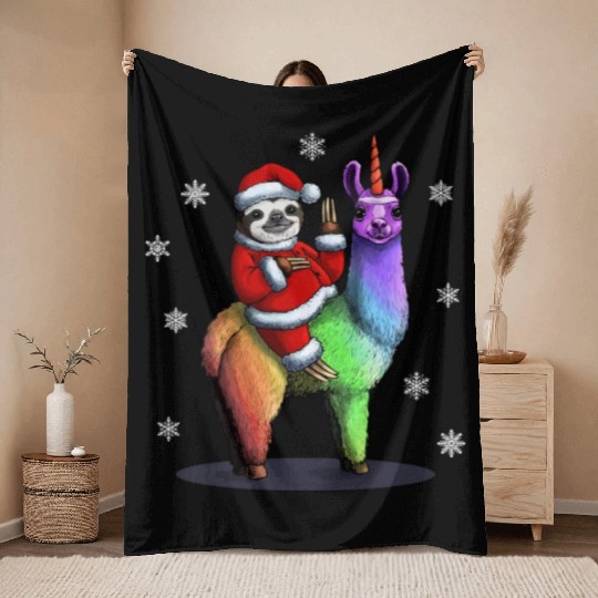 Santa Sloth Riding Llama Unicorn Snowflakes Christ Throw Blankets