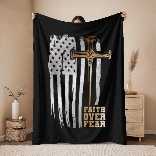 Faith Over Fear Christian American Flag Throw Blankets