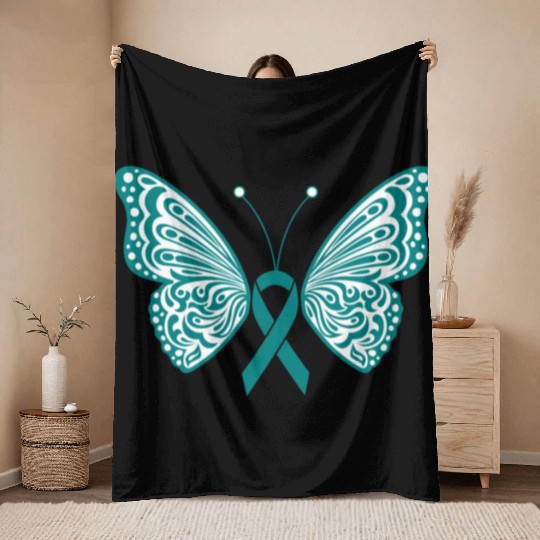 Ovarian Cancer Awareness Teal Ribbon Butterfly Throw Blankets