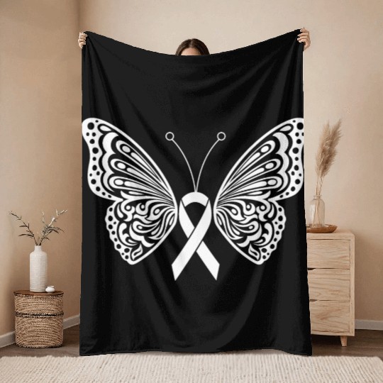 Lung Cancer Awareness White Ribbon Butterfly Throw Blankets