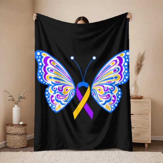 Bladder Cancer Purple Yellow Blue Ribbon Butterfly Throw Blankets