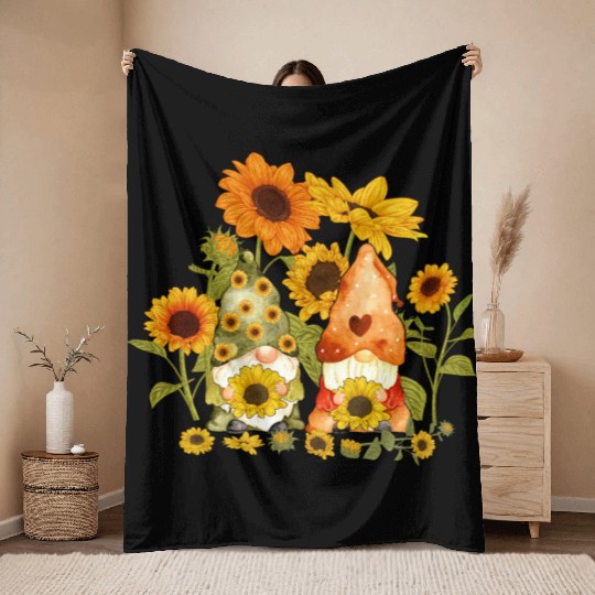 Sunflower Gnome For Hippies Gardener Autumn Floral Throw Blankets