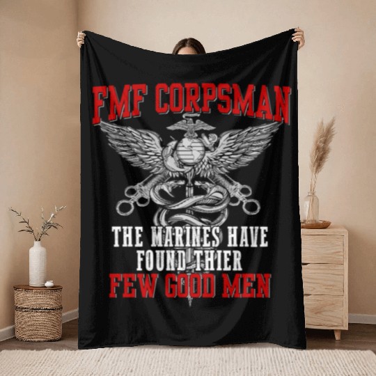 FMF Devil US Navy Corpsman DOC Badass Army Veteran Throw Blankets