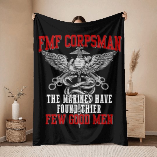 FMF Devil US Navy Corpsman DOC Badass Army Veteran Throw Blankets