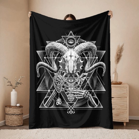 Skeletal Demonic Baphomet Throw Blankets