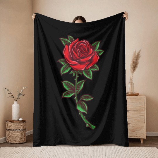 Red rose, Rose stem Throw Blankets