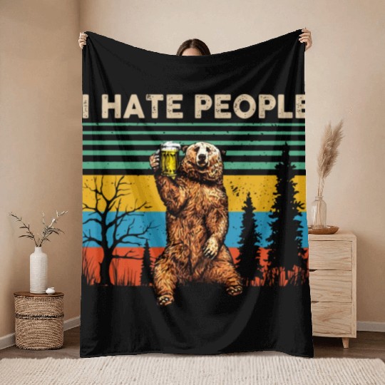 I Hate People Bear Drinking Beer Vintage Throw Blankets