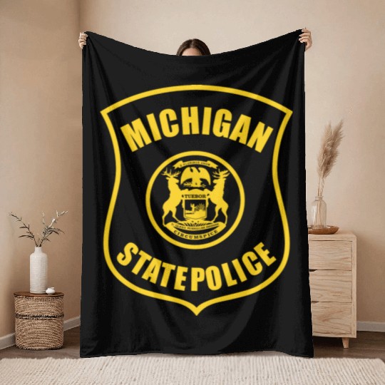 michigan state police logo for black Throw Blankets