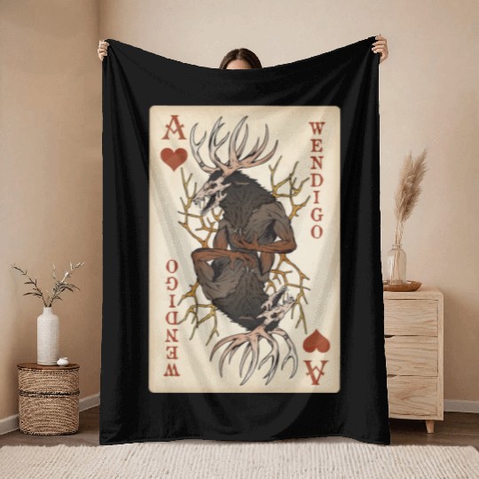 Wendigo Playing Card - Ace of Hearts Cryptid Art Throw Blankets