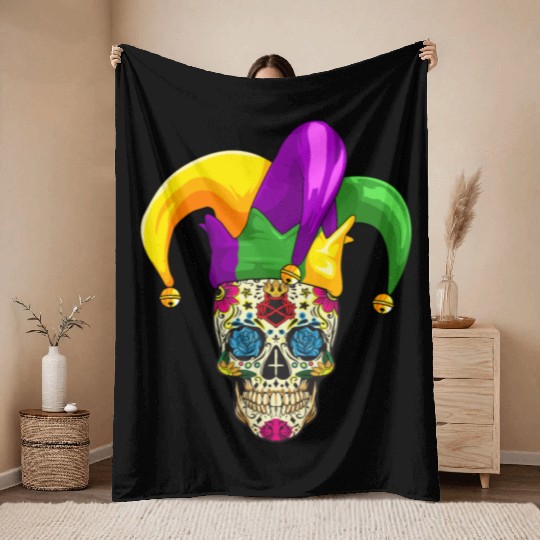 Sugar Skull Mardi Gras Jester Joker Louisiana Carn Throw Blankets