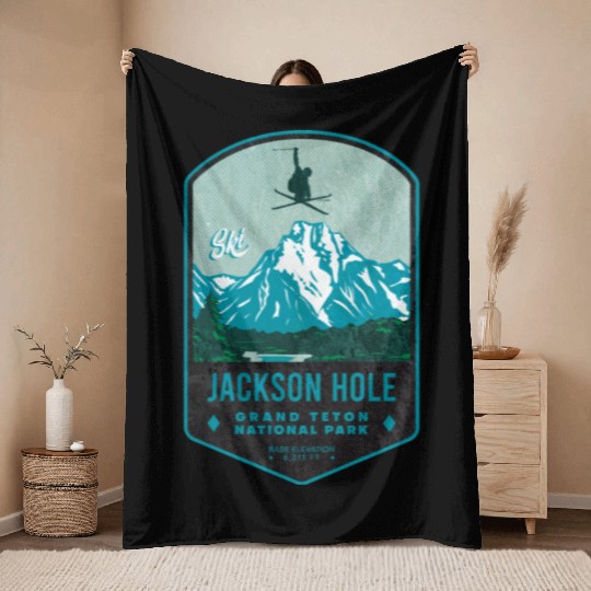 Jackson Hole Ski Badge Throw Blankets