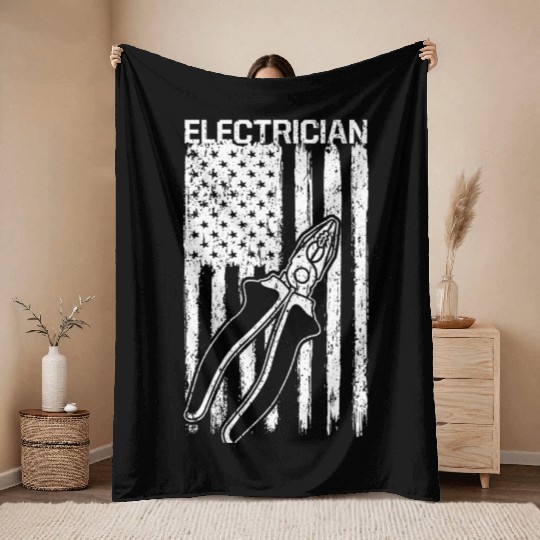 Vintage USA Flag Patriotic Electrician Lineman Throw Blankets