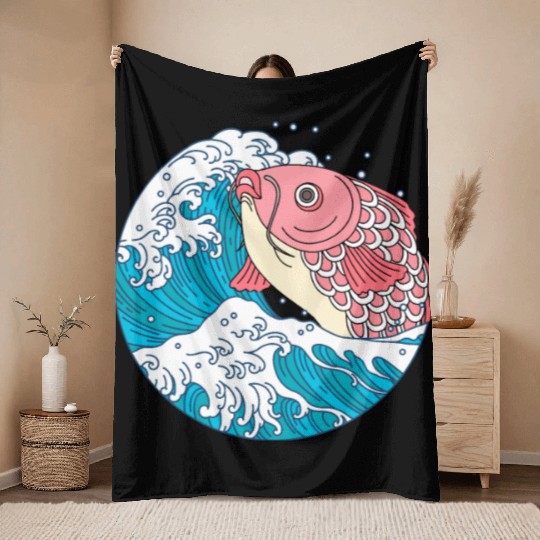 Japanese Koi Fish Great Kanagawa Wave Throw Blankets