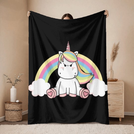 Grumpy Unicorn Evil Bad Mood Unicorn Rainbow Throw Blankets