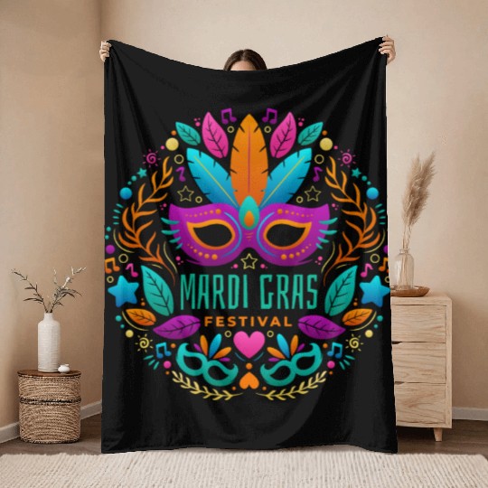 Mardi Gras Gift Throw Blankets Beads Mask Feathers