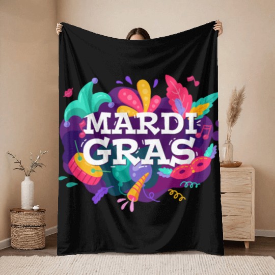 Mardi Gras Gift Throw Blankets Beads Mask Feathers