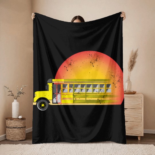 Retro Sunset School Bus Driver Throw Blankets