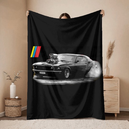 STREET RACE Muscle Car Supercharger Turbo Burnout Throw Blankets