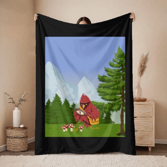 Cardinal Bird Foraging Collecting Mushrooms Throw Blankets