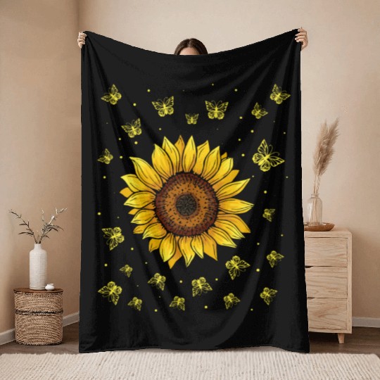 Sunflower Butterflies Floral Women Girls Butterfly Throw Blankets