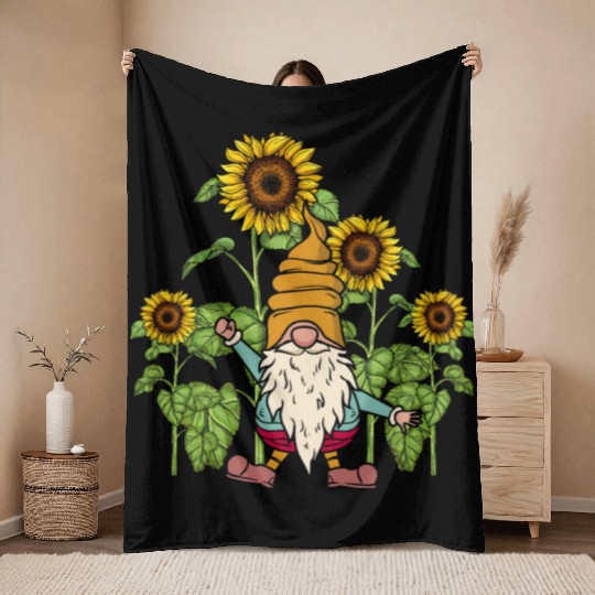 Gnome Sunflower Gardening Gnomes Throw Blankets