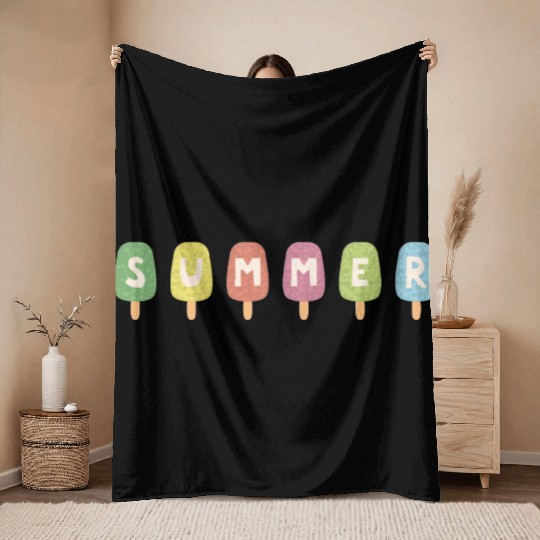 Colorful ICE CREAM STICKS with SUMMER Word Throw Blankets