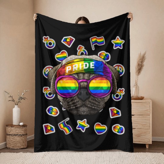 LGBT Pug Gay Pride Month Dog Rainbow Lesbian Throw Blankets