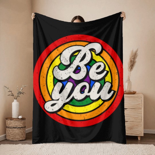 Be You Pride LGBTQ Gay Ally Rainbow Retro Vintage Throw Blankets
