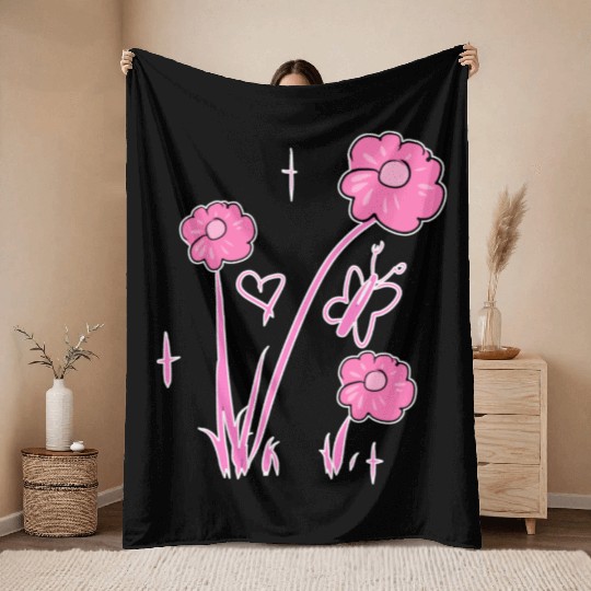 flowers pink butterfly nature heart Throw Blankets