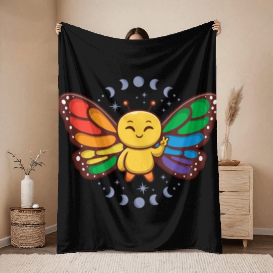 LGBTQ Rainbow Flag Monarch Butterfly Pride Month Throw Blankets