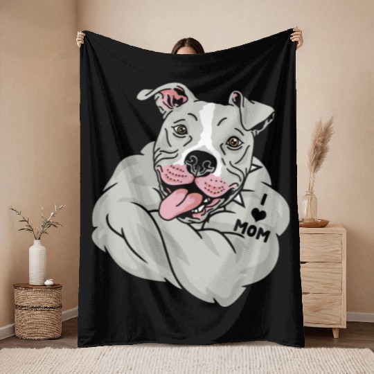 Cute Pitbull I Love Mom Tattoo Throw Blankets