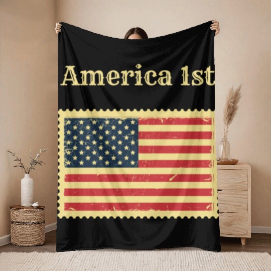 America 1st American Flag US Stamp 4th Of July USA Throw Blankets