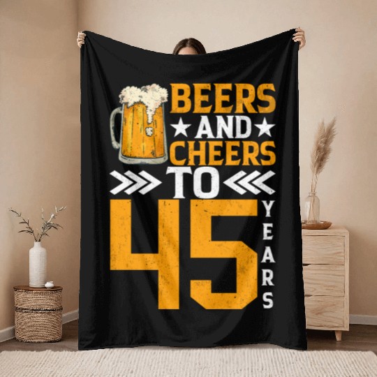 Beers and Cheers to 45 years Frothy Mug of Beer Throw Blankets