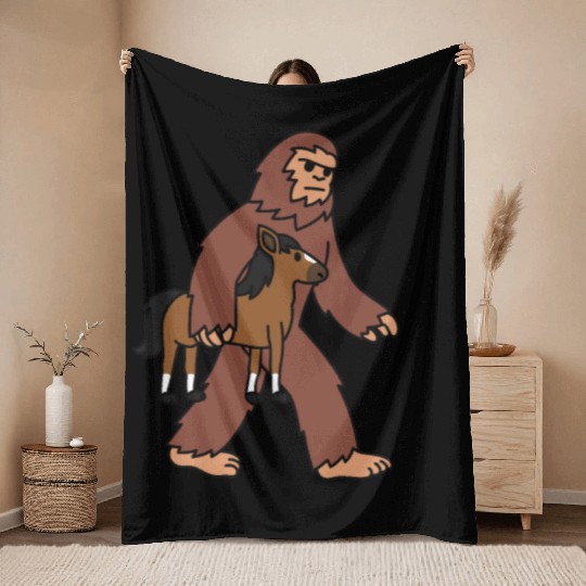Bigfoot Sasquatch Walking Horse Throw Blankets