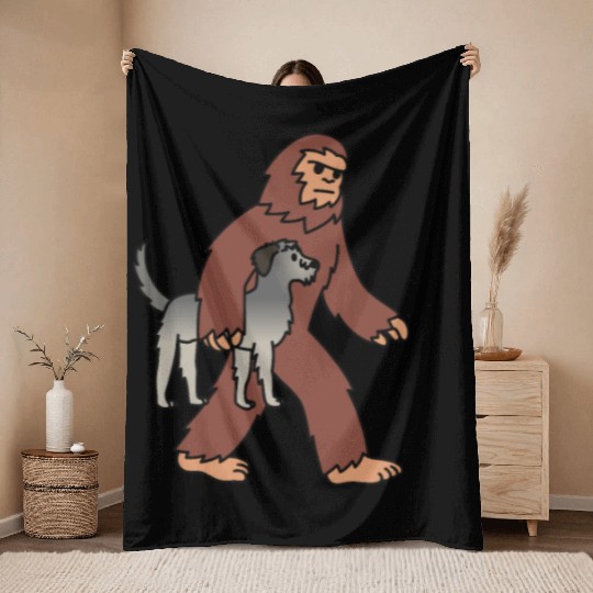 Bigfoot Sasquatch Walking Irish Wolfhound Throw Blankets