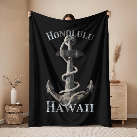 Honolulu Hawaii Nautical Anchor Sailing Throw Blankets