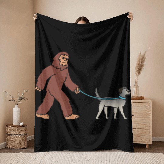 Bigfoot Sasquatch Walking Irish Wolfhound Throw Blankets
