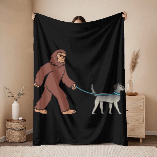 Bigfoot Sasquatch Walking Irish Wolfhound Throw Blankets