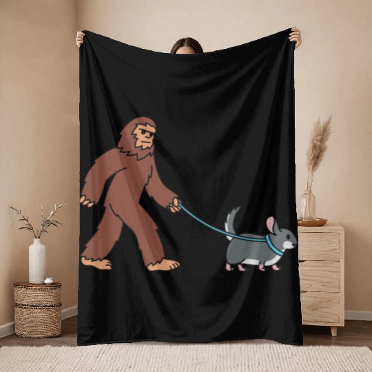 Bigfoot Sasquatch Walking Chinchilla Throw Blankets