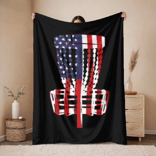 US Flag Disc Golf Basket 4th of July Disc Golfer Throw Blankets